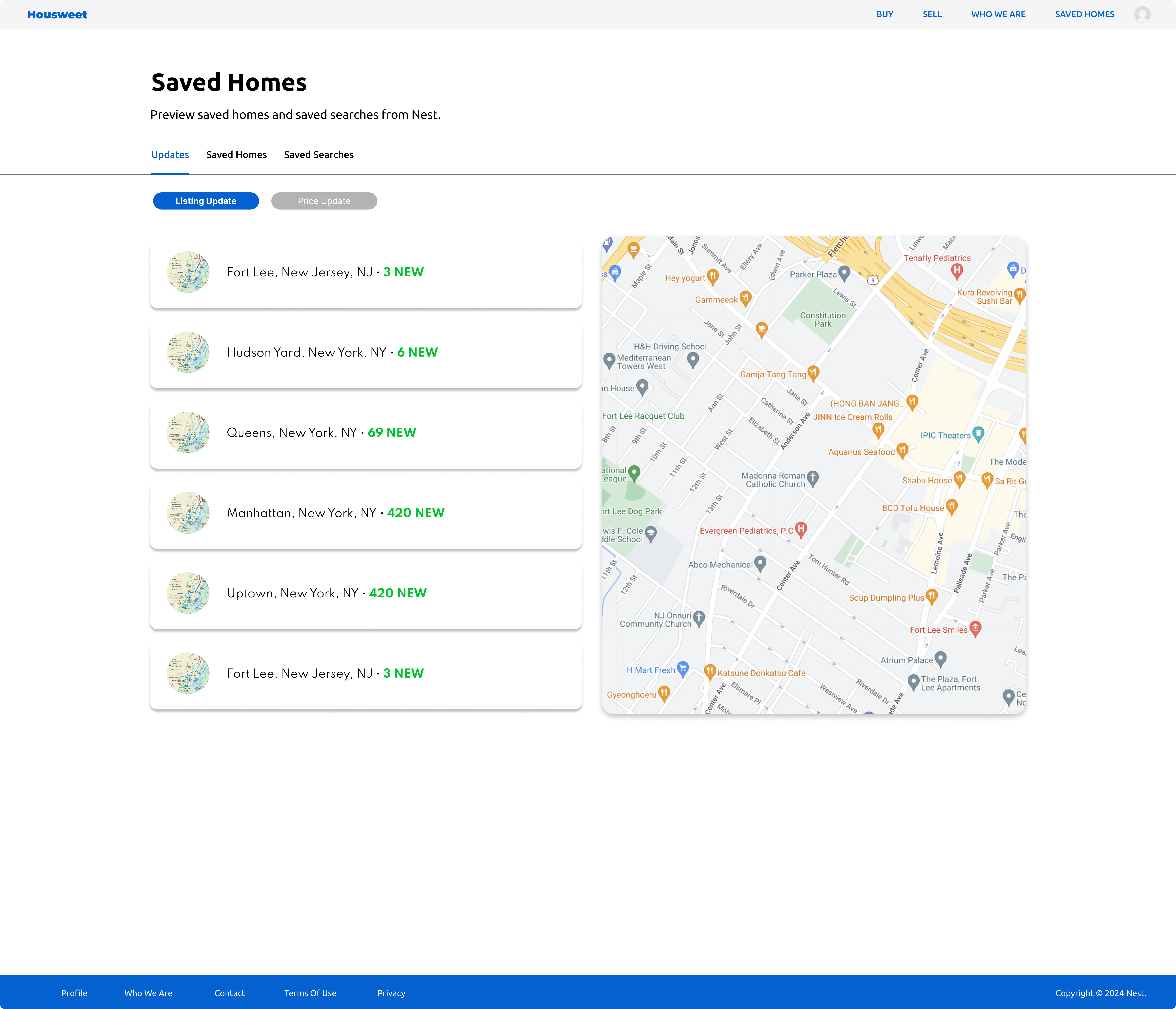Desktop feed for saved listings and geographic tracking